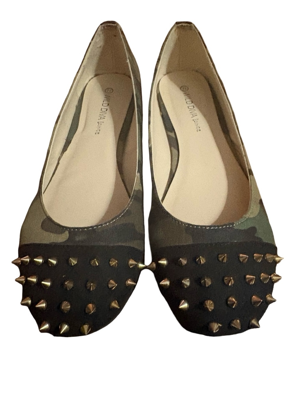 Wild Diva Camouflage Studded Ballet Flats - Olive Green & Black
